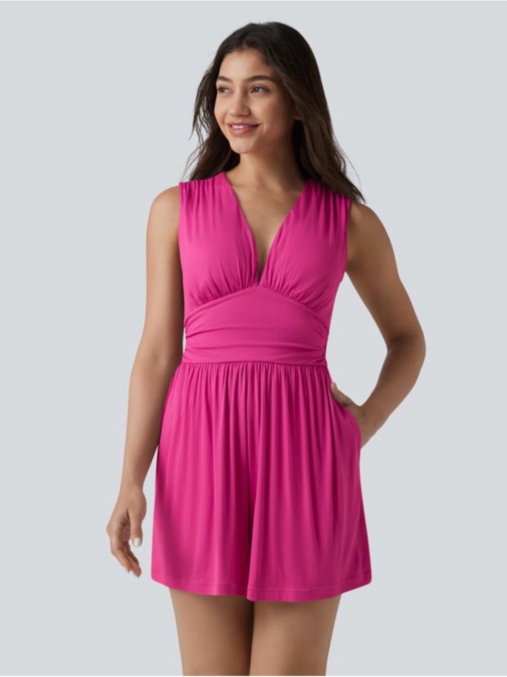 Halara ribbed v neck sleeveless Ruched built-in bra, casual romper